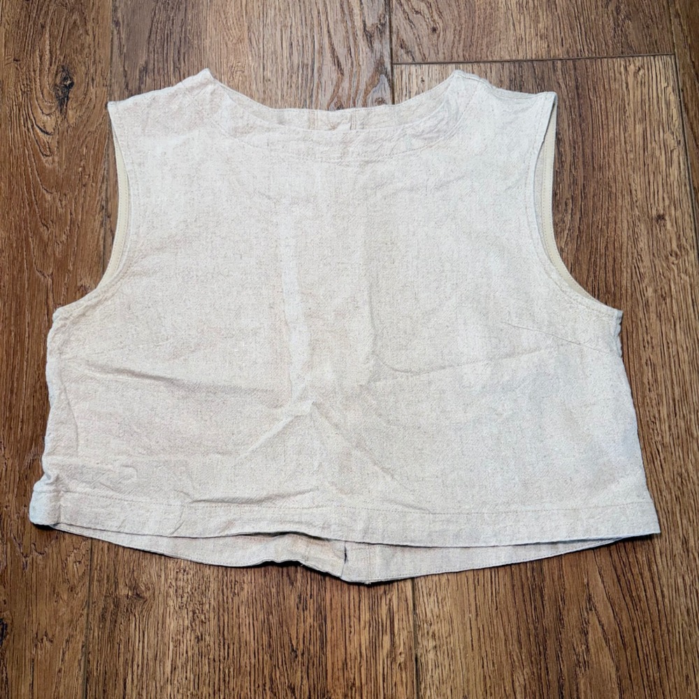 A New Day Womens XS Linen Button Back Sleeveless Crop Top Oatmeal Minimalist